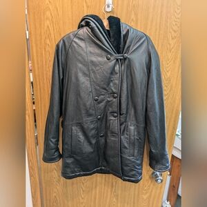 Leather Jacket with Hood. Wool inside.